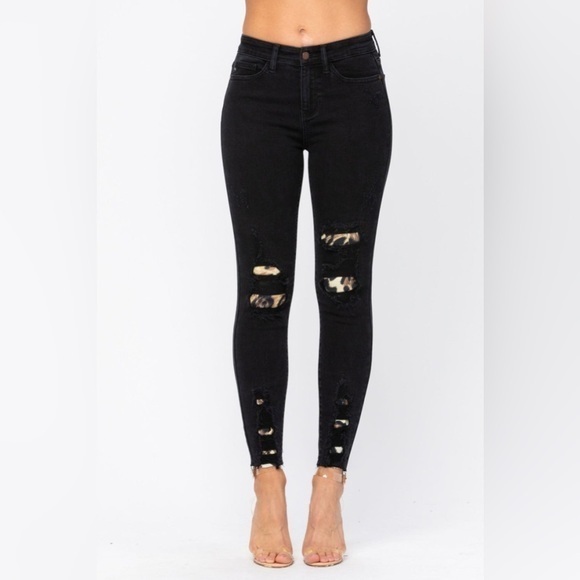 Judy Blue Denim - Judy Blue Black Destroyed Leopard Patch Skinny